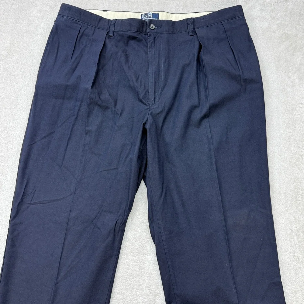 VTG Polo Ralph Lauren Chino Pants Mens 42x30 Navy Blue Double Pleated Cotton USA